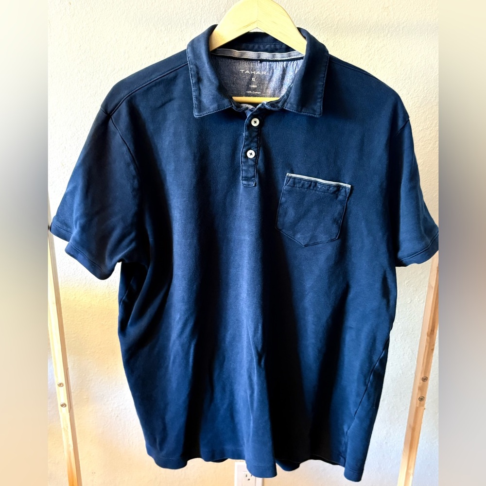 Tahari Men's Navy Polo Shirt XL Short Sleeve Cotton Blend Pocket Casual